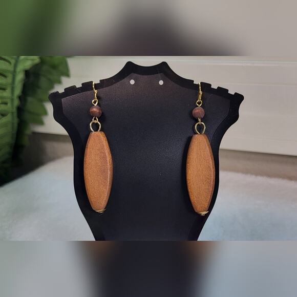 Geometric Wooden Dangle Earrings – Boho Gold Tone Statement Drops - Picture 9 of 9